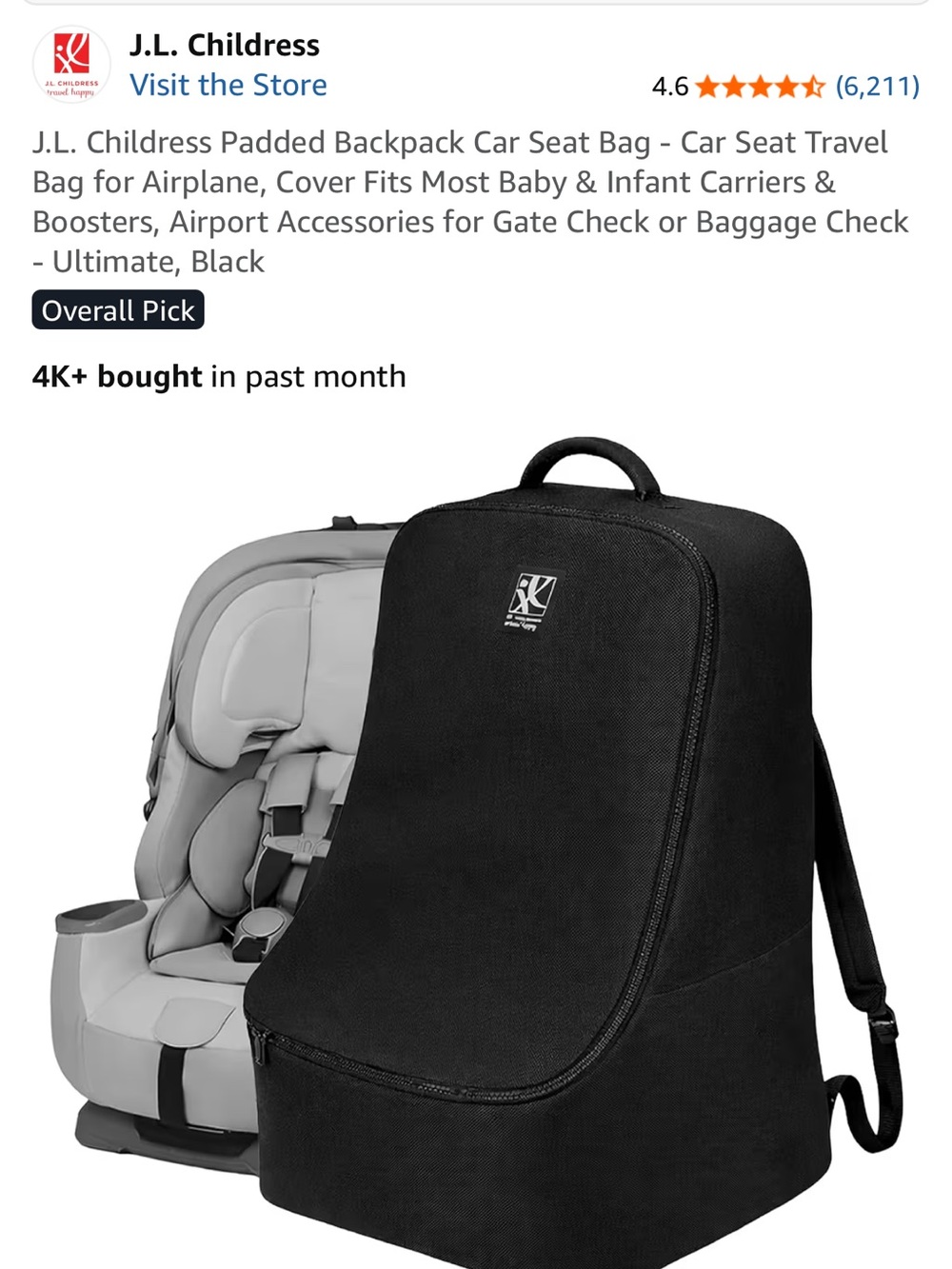 Black Padded Car Seat Travel Bag for Kids
